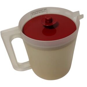 Vintage Tupperware 1 Quart Pitcher Red Push Button Sunburst Lid Made in USA *